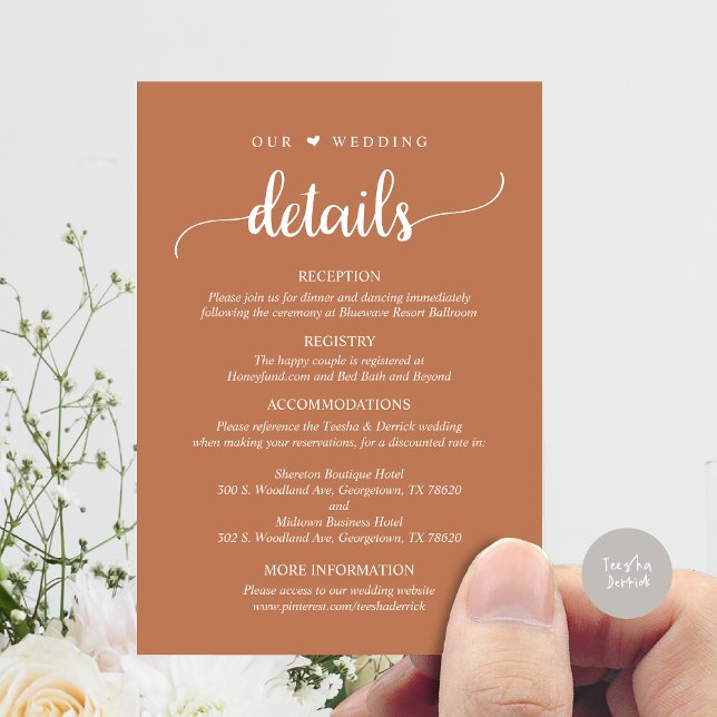 Unsere Hochzeitsdetails, rustikale Kupferrost brau Begleitkarte (Our Wedding Details, Rustic Script Invitation Enclosure Card, in Copper Brown)