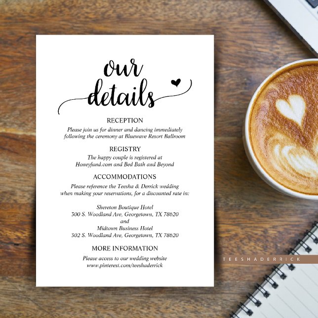 Unsere Hochzeitsdetails, rustikale Skripteinschlus Begleitkarte (Our Wedding Details Enclosure Card, Reception, Registry, Hotels and website, in Rustic Script design)