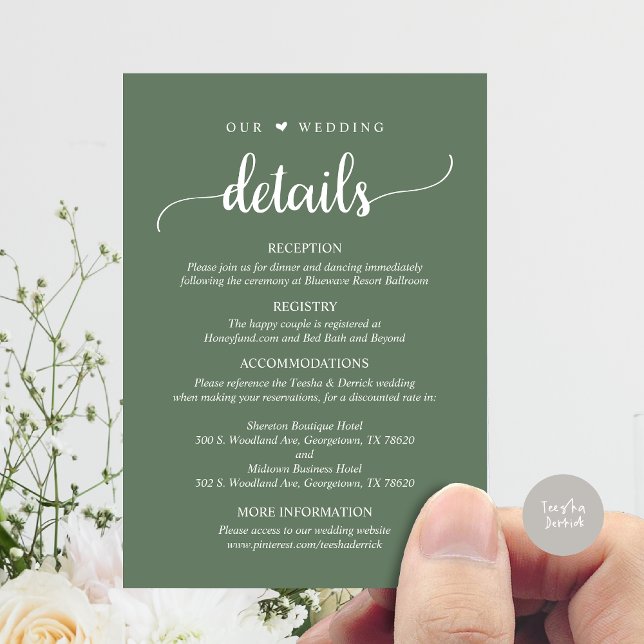 Unsere Hochzeitsdetails, Rustikale Waldlandschaft  Begleitkarte (Our Wedding Details, Rustic Script Invitation Enclosure Card, in Sage Green)