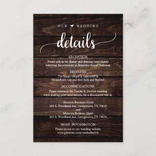 Unsere Hochzeitsdetails, rustikales dunkles Holz a Begleitkarte