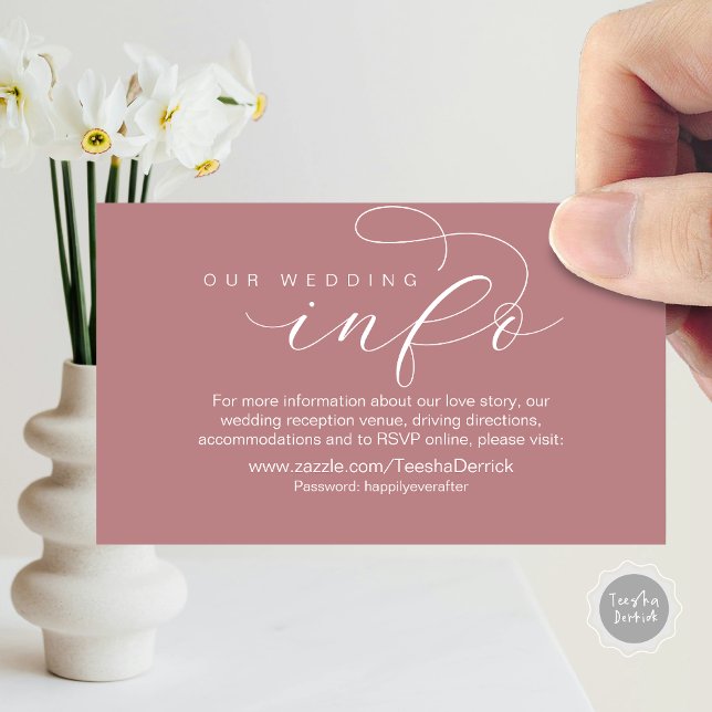 Unsere Hochzeitsdetails und Website, moderner Mini Begleitkarte (Our Wedding Info, Details Enclosed Small Card, RSVP, Website Address, in Dusty rose pink)