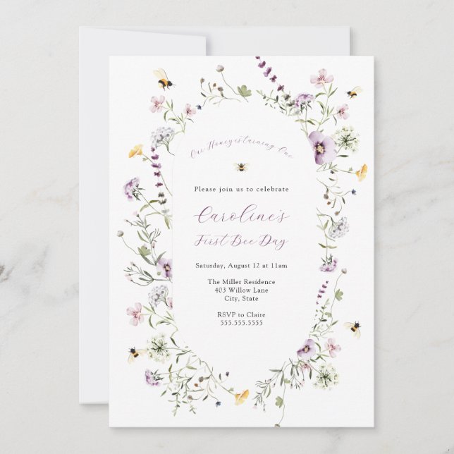 Unsere Honigbiene Lila Wildblume Geburtstag Einladung (Vorderseite)