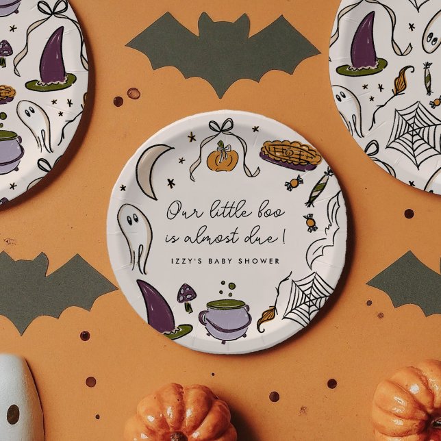Unsere kleine Boo fast gerade wegen Halloween Baby Pappteller (Our Little Boo is Almost Due Halloween Illustrations Baby Shower Personalized Paper Plates)