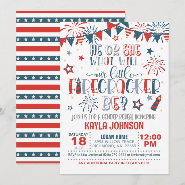 Unsere kleine Firecracker Gender Reveal Baby Showe Einladung (Vorne/Hinten)