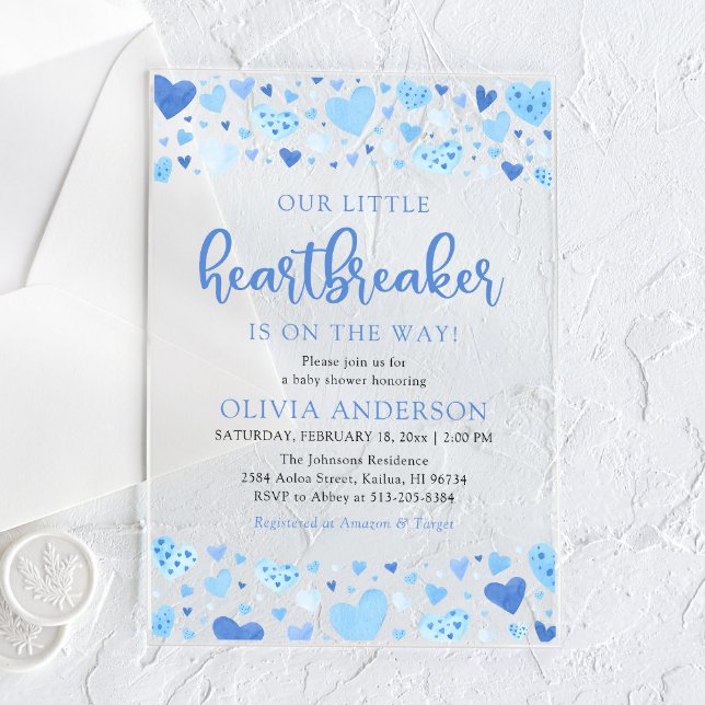 Unsere kleine Herzschutzbrille Blue Valentine Baby Acryleinladungen (Watercolor Cute Blue Hearts A Little Heartbreaker Valentine Baby Boy Acrylic Baby Shower Invitation)