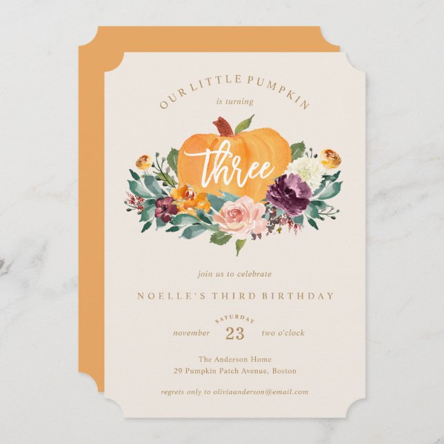 Unsere kleine Kürbiskugel zum dritten Geburtstag Einladung (Vorne/Hinten)