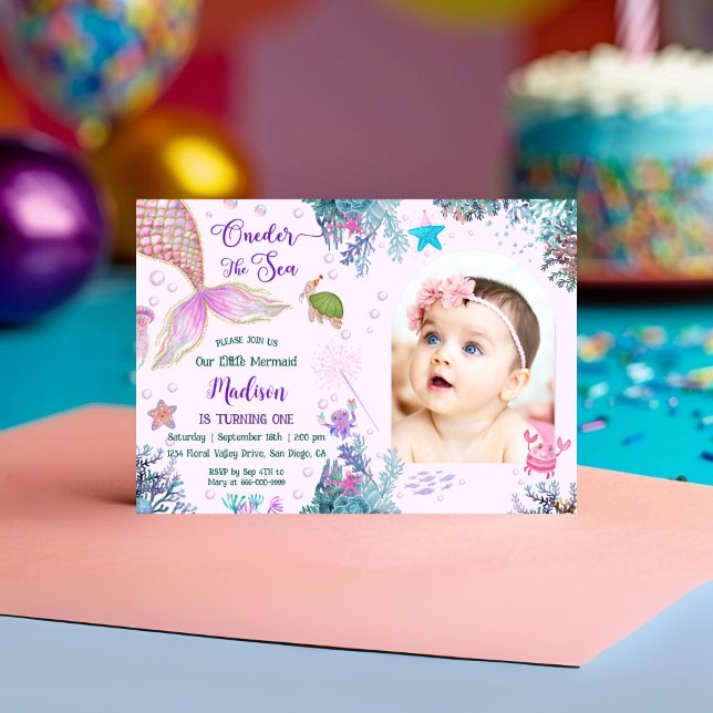 Unsere kleine Meerjungfrau 1. Geburtstag Einladung (Oneder the sea Mermaid Girl Birthday Party Invitation)
