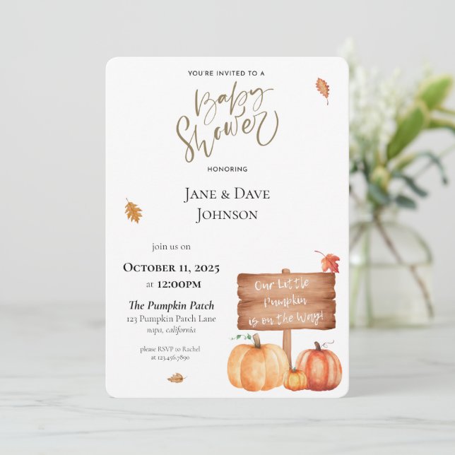 Unsere kleine Pumpkin Baby Dusche Einladung (Stehend Vorderseite)