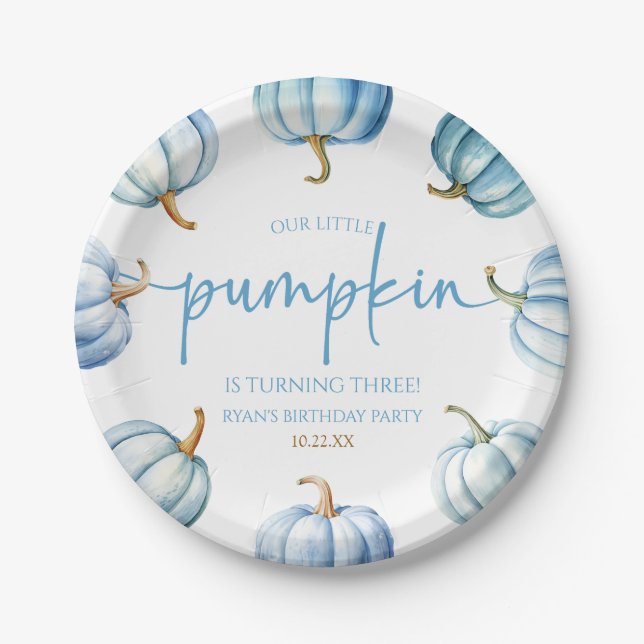 Unsere kleine Pumpkin Blue White Fall Birthday Par Pappteller (Vorderseite)