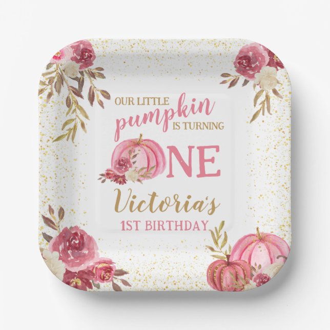 UNSERE KLEINE PUMPKIN PINK WATERCOLOR 1. GEBURTSTA PAPPTELLER (Vorderseite)