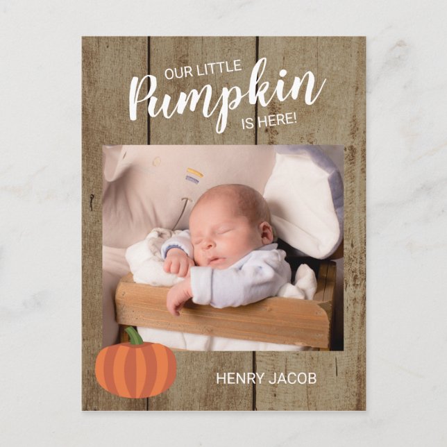 Unsere kleine Pumpkin Rustic Fall Birth Ankündigun Postkarte (Vorderseite)
