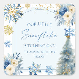 Unsere kleine Snowflake Blue Winter Geburtstagspar Quadratischer Aufkleber