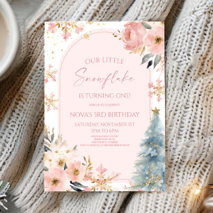 Unsere kleine Snowflake Pink Winter Geburtstagspar Einladung