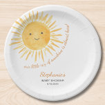 Unsere kleine Sonnenscheindusche Pappteller<br><div class="desc">Planen Sie eine Babydusche zum Thema Sonne? Auf dieser niedlichen Babyduschplatte steht "Unser kleiner Sonnenschein ist fast hier" in stilvoller Schrift-Typografie mit einer lächelnden gelben Aquarellsonne. Einfach anpassbar. In meinem Geschäft sind passende Papierservietten und Tassen. Weil wir unsere Kunstwerke erstellen, werden Sie dieses exakte Bild von anderen Designern nicht finden....</div>