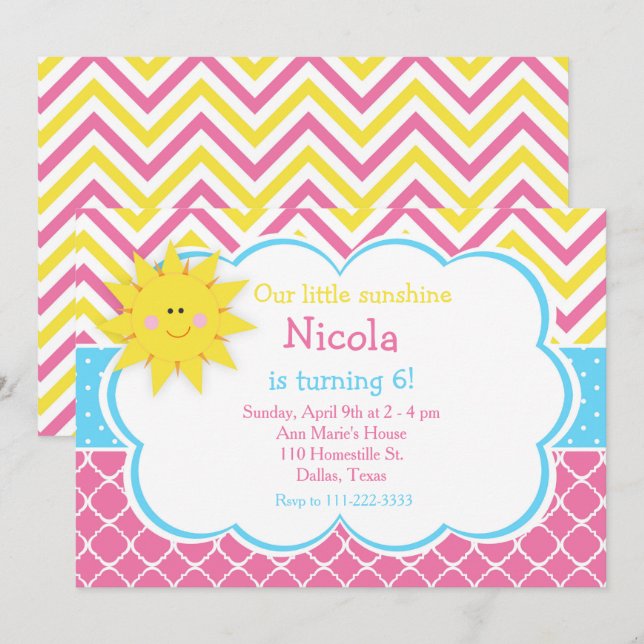 Unsere kleine "Sunshine Pink and Yellow Birthday P Einladung (Vorne/Hinten)