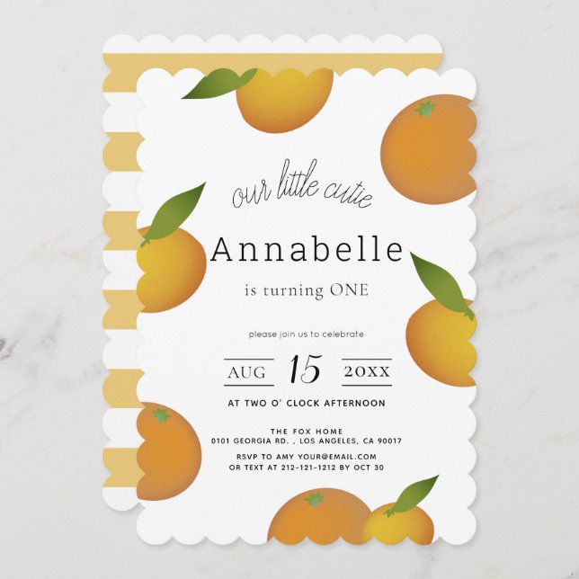 Unsere kleine Süsse Citrus Orange Girl 1. Geburtst Einladung (Vorne/Hinten)