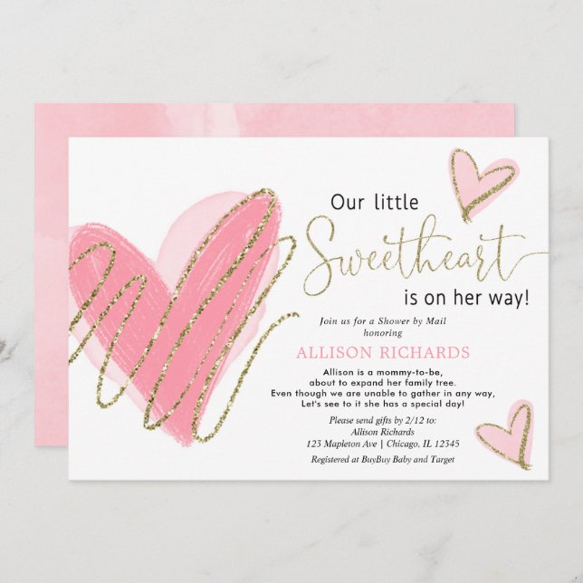 Unsere kleine Sweetheart Dusche per Mail Babydusch Einladung (Vorne/Hinten)
