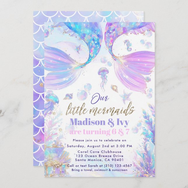 Unsere kleinen Mermaids gemeinsame Geburtstagseinl Einladung (Vorne/Hinten)