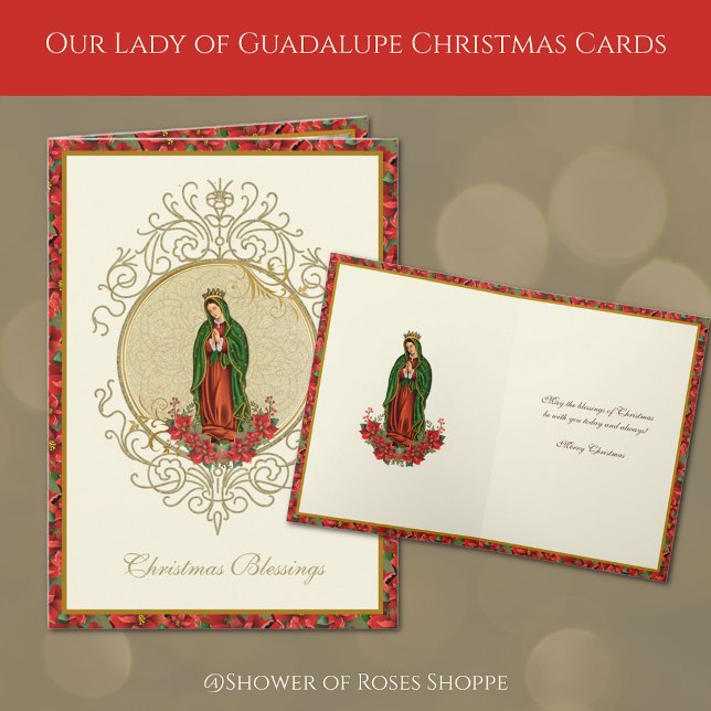 Unsere Lady Guadalupe Weihnachten Weihnachten Poin (Our Lady of Guadalupe Christmas Cards with red poinsettias)