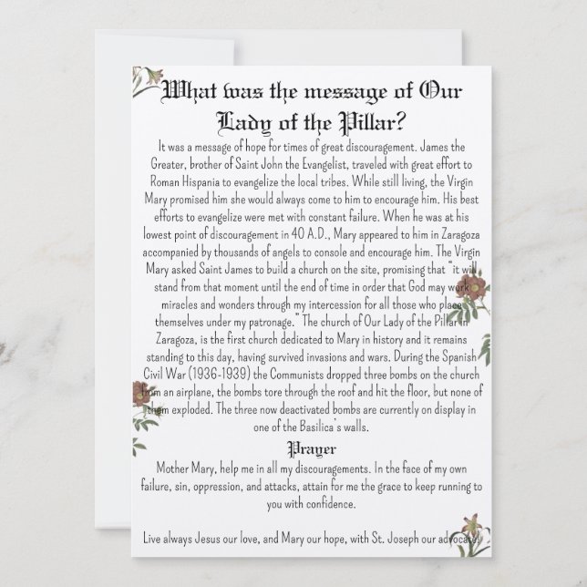 Unsere Lady of the Pillar Prayer Card Einladung (Rückseite)
