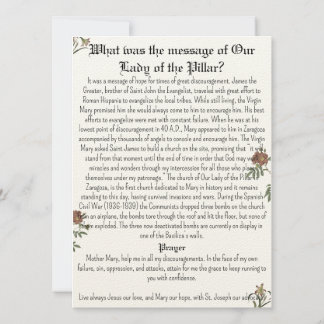 Unsere Lady of the Pillar Prayer Card Einladung