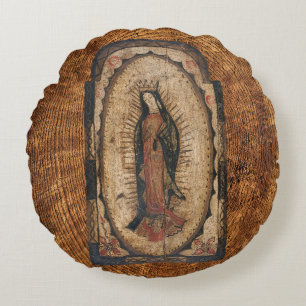 Unsere Lady von Guadalupe Jungfrau Mary Wood Look Rundes Kissen