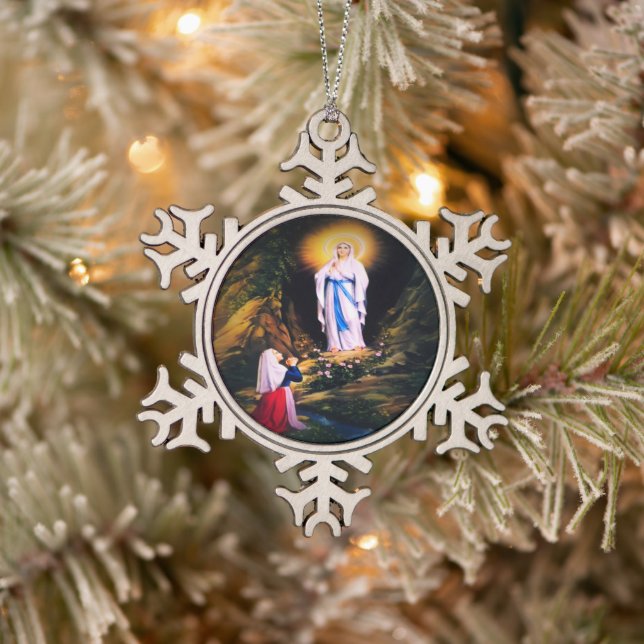 Unsere Lady von Lourdes von Litany Lane Schneeflocken Zinn-Ornament (Baum)