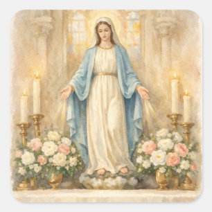 Unsere Liebe Frau der Gnade Wasserfarbe Altar Blum Quadratischer Aufkleber