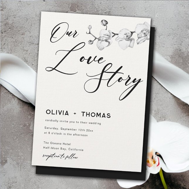 Unsere Liebe Geschichte Moderne Schwarz-weiße Orch Einladung (our love story modern white orchids wedding invitation elegant boho romantic calligraphy black white)