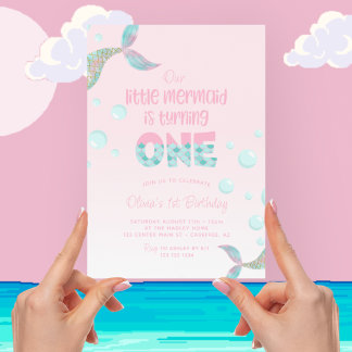 Unsere Meerjungfrau ist ein rosa 1. Geburtstag Einladung