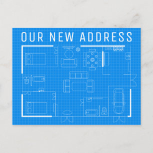 Unsere neue Adresse   Blue Print Postkarte