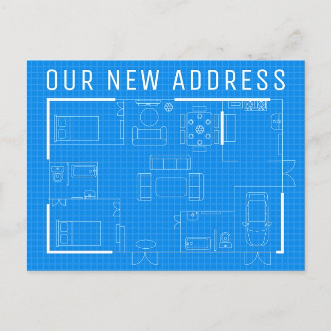 Unsere neue Adresse | Blue Print Postkarte (Vorderseite)