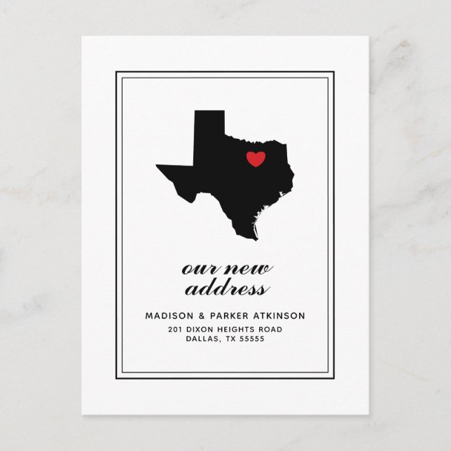 Unsere neue Adresse in TX | Mark Your City W/Heart Postkarte (Vorderseite)
