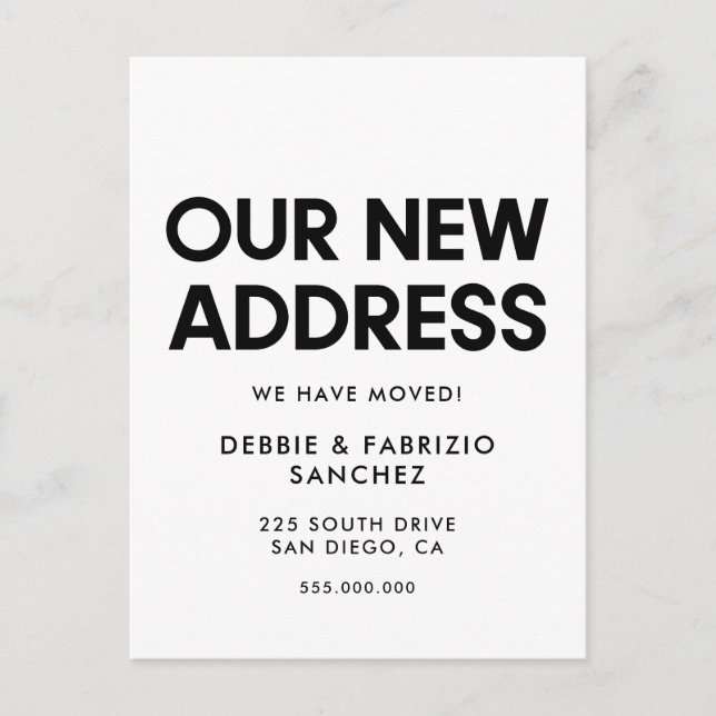 Unsere neue Adresse Minimalistische und bewegende  Postkarte (Vorderseite)