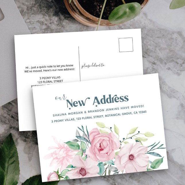 Unsere neue Ankündigung über den Blumenschmuck (New Address postcard with pink peony rose flowers)
