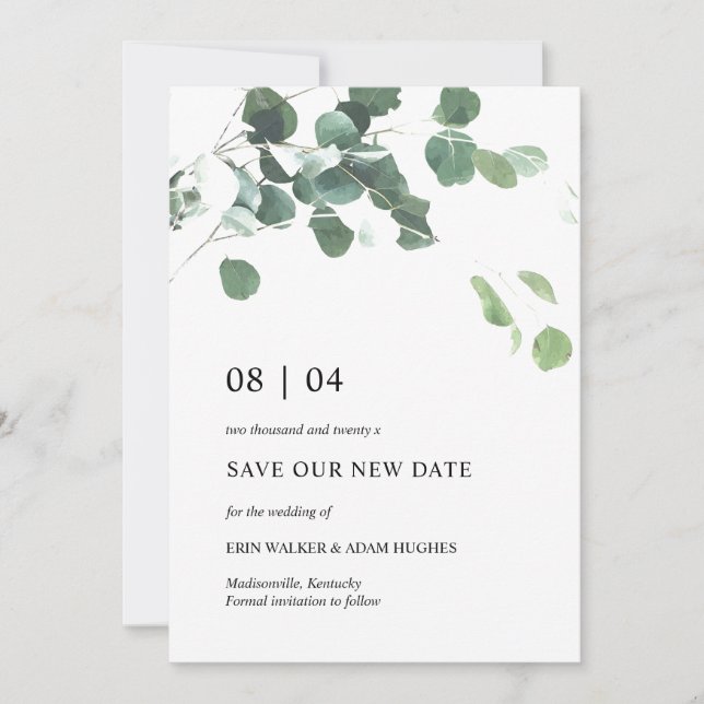Unsere neue Eukalyptus-Blätter für Hochzeitkarten  Save The Date (Vorderseite)