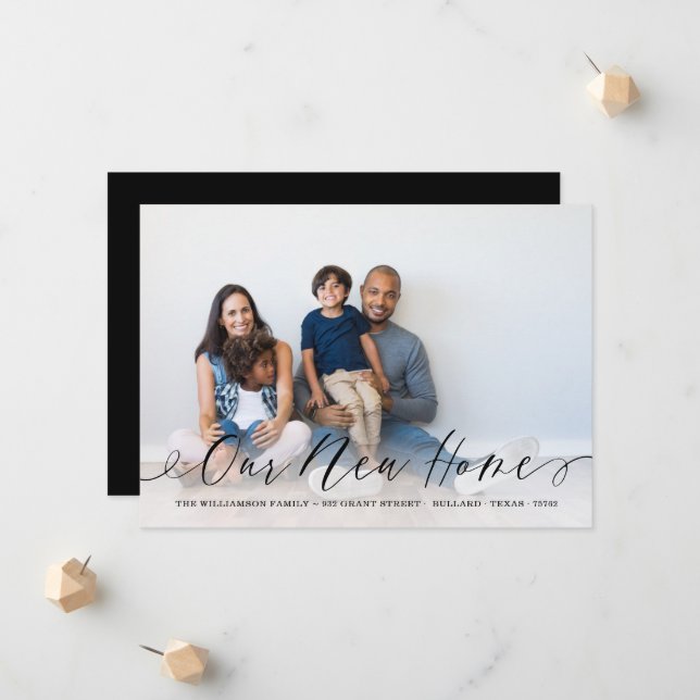 Unsere neue Zuhause Elegant Script Family Foto Mov Ankündigung (Vorderseite/Rückseite Beispiel)
