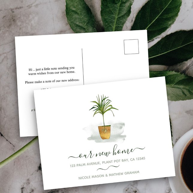 Unsere neue Zuhause Potted Palm Pflanze Bewegende  Postkarte (New Address postcard with elegant watercolor potted plant)