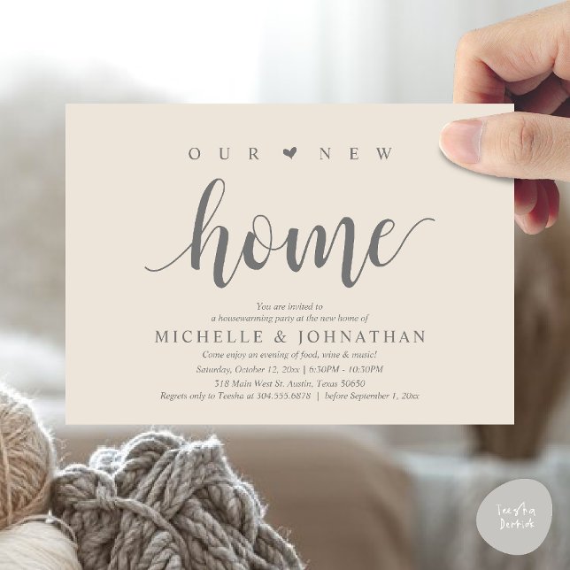 Unsere neuen Zuhause-, Party Einladungen- und Wohn Einladung (Our new home, Housewarming party invitation card, first house invites, in Cream grey)