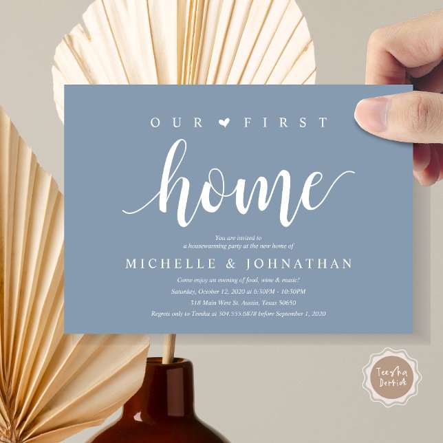 Unsere neuen Zuhause-, Party Einladungen- und Wohn Einladung (Our first home, Housewarming party celebration invitation card, in dusty blue)