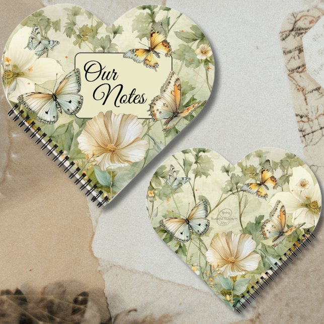Unsere Notizen Kernaussagen Wildblumen und Schmett Notizbuch ('Our Notes', Cottagecore Wildflowers and Butterflies Heart-Shaped Notebook. Front and Back)