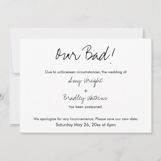 "Unsere schlechte" humorvolle, aufgeschobene Hochz Einladung (Vorderseite)