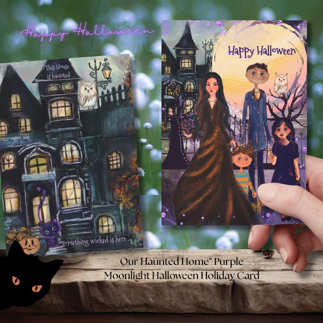 Unsere Spuk Zuhause" Lila MondlichtHalloween Feiertagskarte (Our Haunted Home Purple Moonlight Halloween Holiday Card)