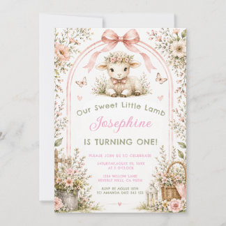 Unsere süße kleine Lamm-Pink-Floral-Erstgeburtstag Einladung