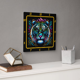 Untamed Neon Tiger Masterpiece Quadratische Wanduhr