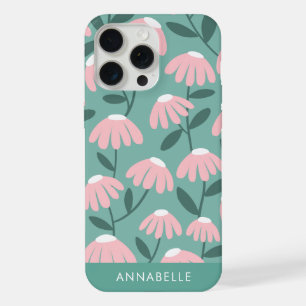 Unten Monogramm Name Rosa und Grünes Blumenmuster iPhone 15 Pro Max Hülle