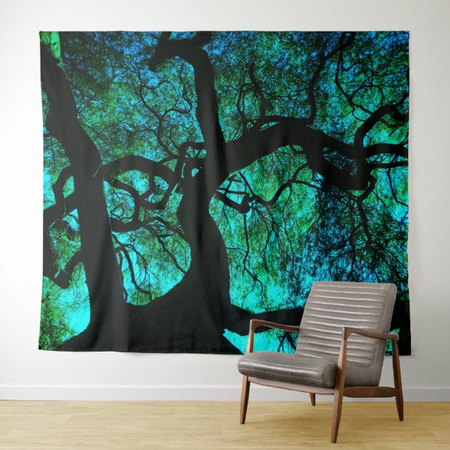 Unter dem Baum in Türkis Wandteppich (Beispiel (Horizontal))