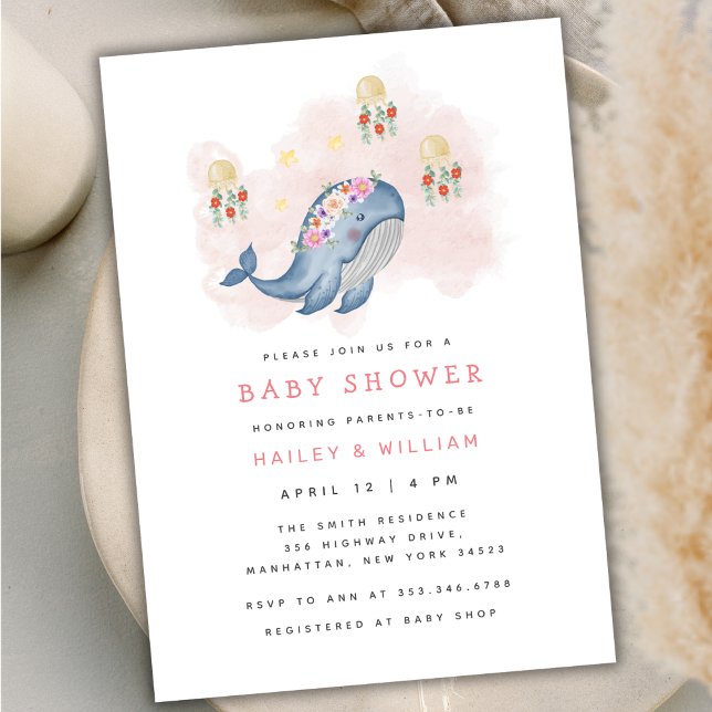 Unter dem Bild Sweet Whale Floral Baby Shower Einladung (Under The See Sweet Whale Floral Baby Shower Invitation)