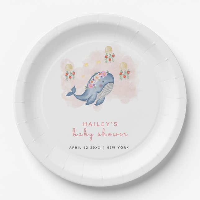 Unter dem Bild Sweet Whale Floral Baby Shower Pappteller (Vorderseite)
