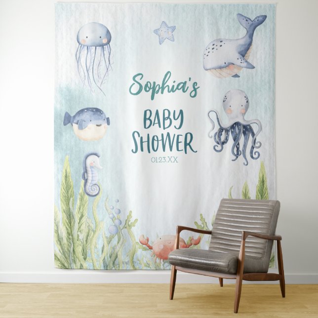 Unter dem Dekorationsbanner der Sea Baby Shower Wandteppich (Beispiel)